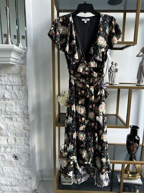 Chelsea28 Black Floral Maxi Wrap Dress with Ivory and Peach Blooms